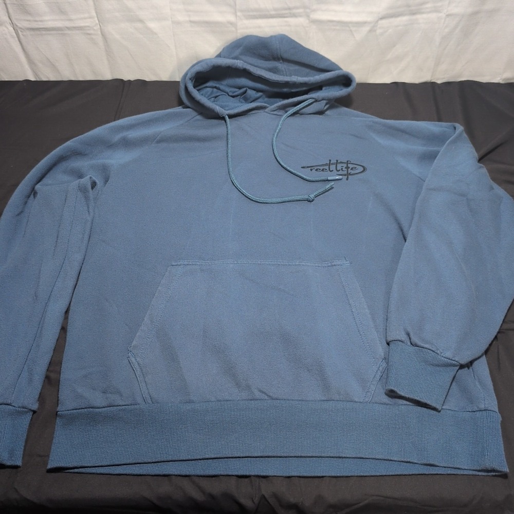 Reel Life Hoodie Men M Blue Pullover Sweatshirt Fishing Pockets Drawstring